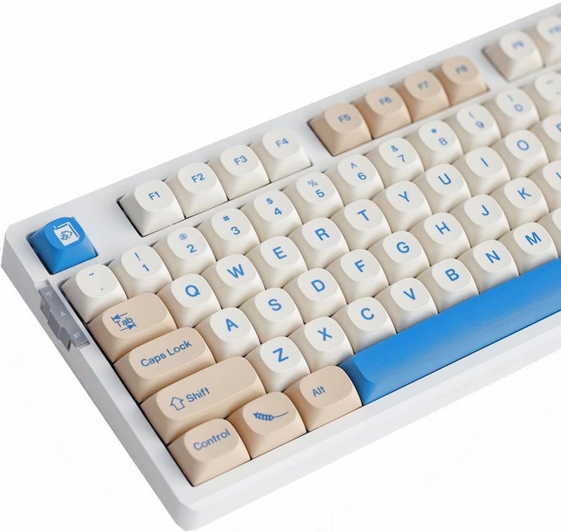 TIMSEKER MA Profile PBT Keycaps, Dye Sublimation Minimalist Retro Design in Beige and Blue Key Caps 130-Key for Mechanical Gaming Keyboards - Image 1
